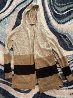Women’s Hooded Open-Front Colorblock Cardigan Sweater - Beige/Black/Tan